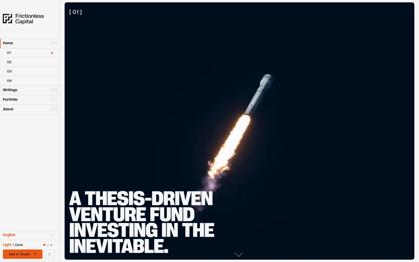 The desktop homepage features a dark, minimalist layout with a white sidebar on the left containing the Frictionless Capital logo and navigation links. The main content area displays a large hero image of a rocket launching against a dark sky, overlaid with the bold white headline 'A THESIS-DRIVEN VENTURE FUND INVESTING IN THE INEVITABLE.'