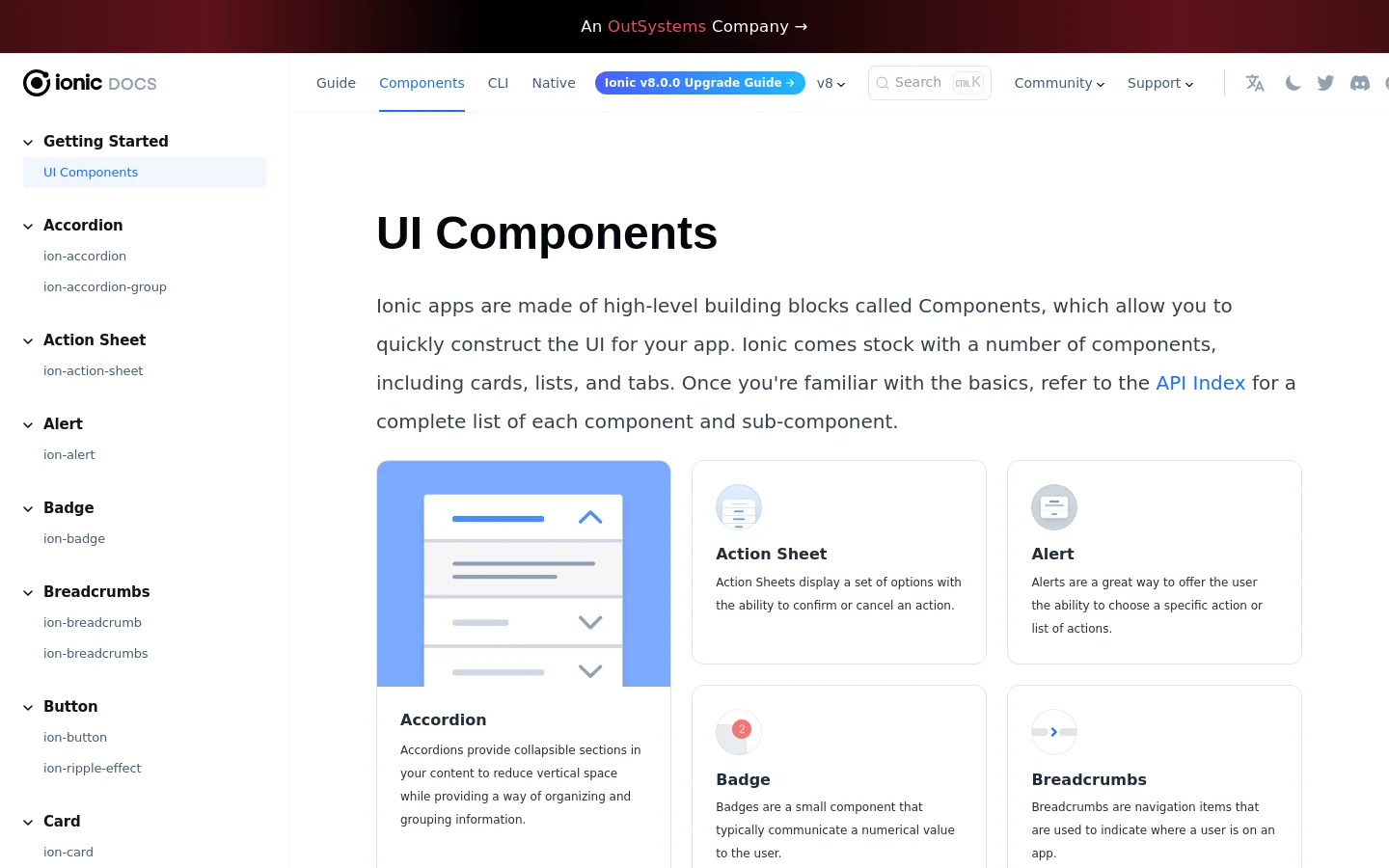 The desktop page features a clean, white layout with a left-hand sidebar navigation containing links to various UI components. The main content area displays a large 'UI Components' heading followed by introductory text and a grid of component cards, each featuring a blue icon, a title, and a brief description. A top navigation bar includes the Ionic logo, links for Guide, Components, CLI, and Native, a search bar, and social media icons.