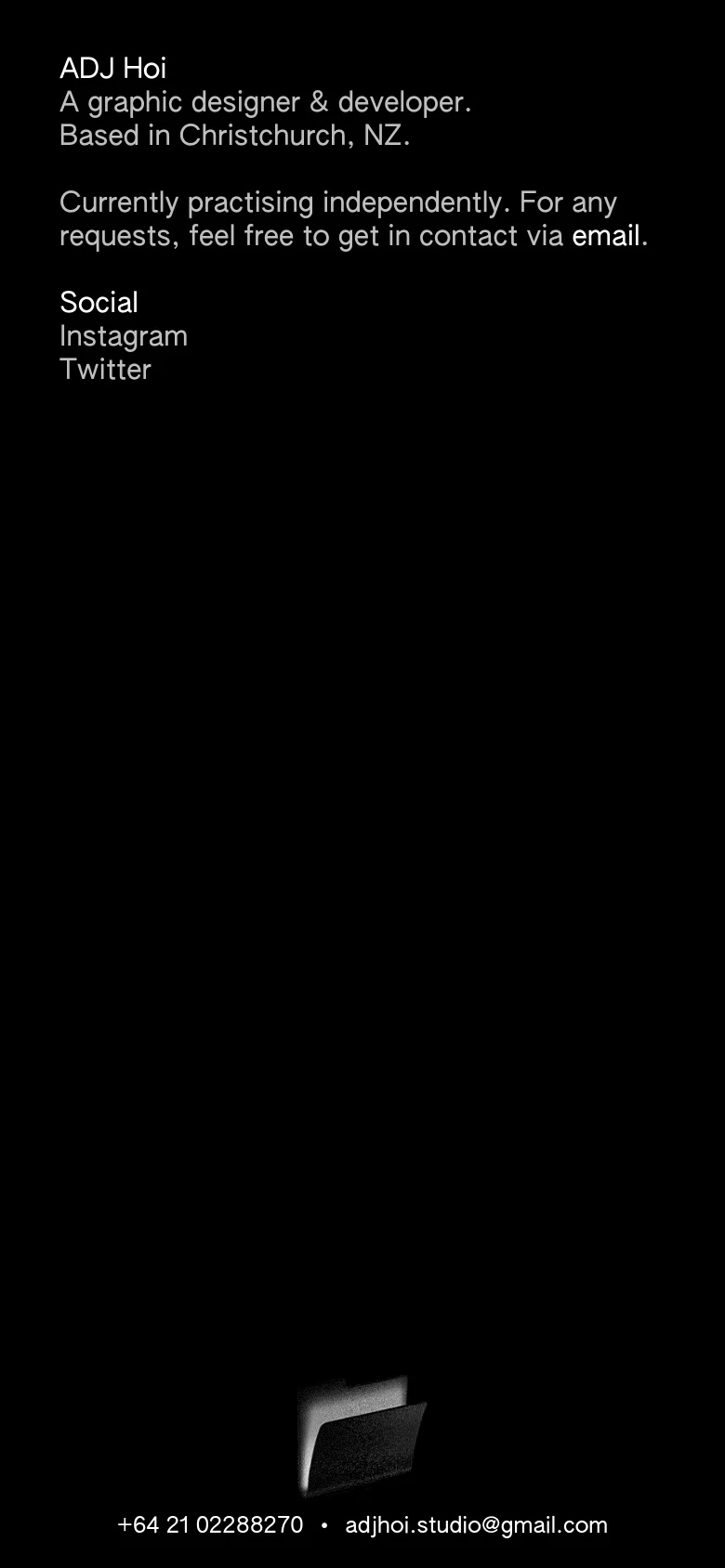 The mobile version maintains the minimalist black and white theme and content structure. The text is stacked vertically for easier reading on a narrow screen, with the 3D folder graphic and contact details positioned at the bottom.