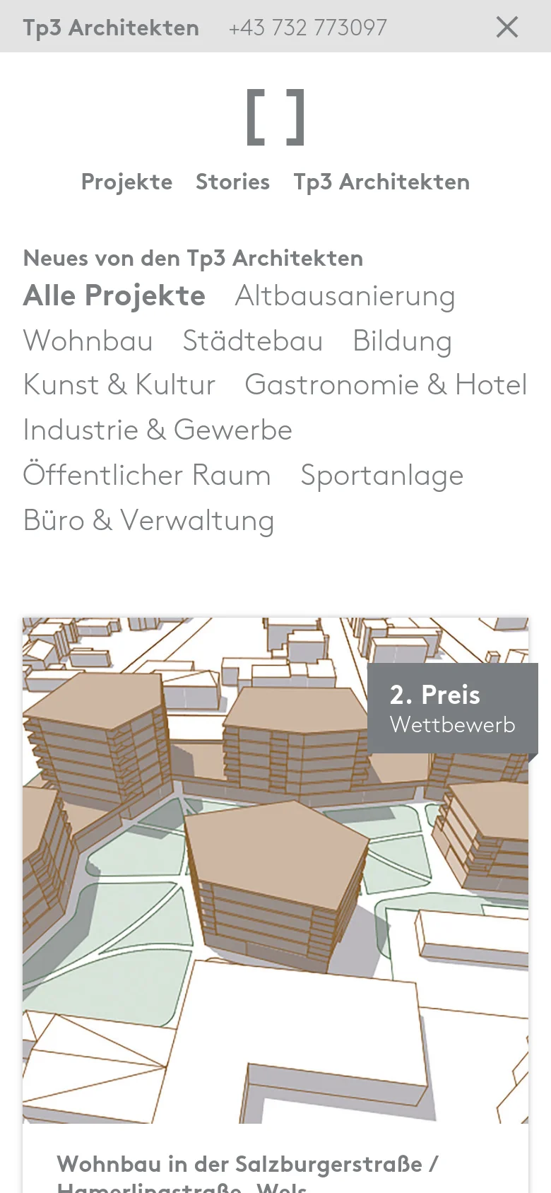 The mobile version simplifies the layout into a vertical stack, with the navigation menu and project categories appearing as centered text links. The project grid transitions to a single-column view, showing large project images with text labels and award badges positioned prominently over the visuals.