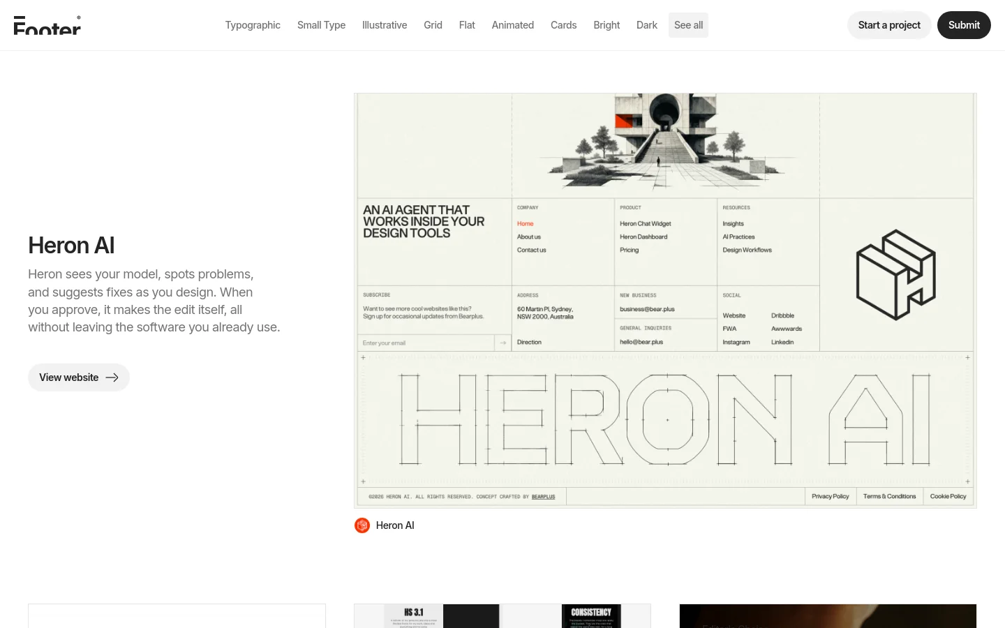 The desktop homepage features a clean, white minimalist layout with a navigation bar containing categories like Typographic and Small Type. A large hero section showcases a featured website design for Heron AI, including a large preview image, a description, and a 'View website' call to action button. Below the hero, a grid of curated footer design examples is displayed with thumbnail images and titles.