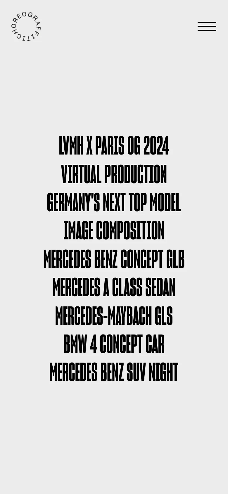 The mobile version maintains the minimalist light gray aesthetic and centered, bold black typography for the project titles. The top navigation is simplified, replacing the text menu with a black three-line hamburger menu icon next to the circular logo.