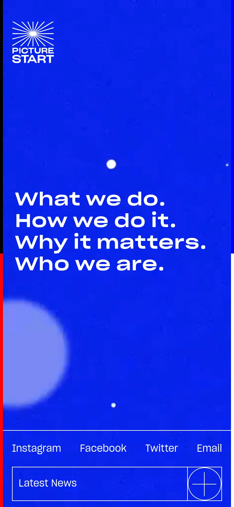 The mobile version transitions to a vibrant blue background with a large, soft light blur. The central white headline remains prominent, while the bottom navigation is reorganized into a stacked or simplified layout, showing social media links and a 'Latest News' button within a bordered box.