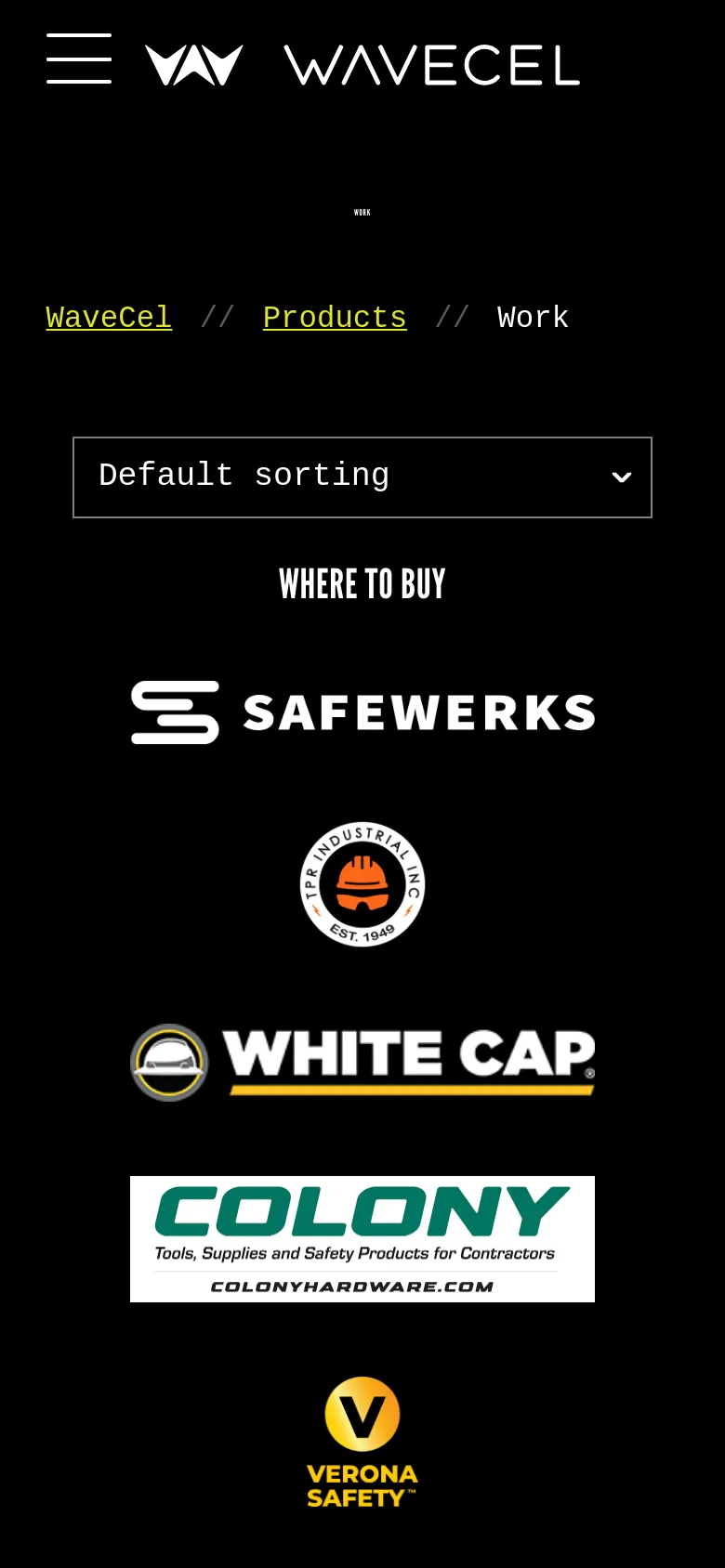 The mobile version maintains the dark theme and 'WHERE TO BUY' heading but reorganizes the retailer logos into a vertical stack for easier scrolling. The navigation menu is condensed into a hamburger icon, and the text elements are centered to fit the narrower screen width.