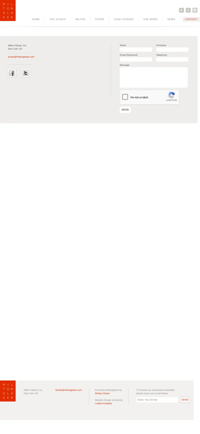 The mobile version maintains the minimalist aesthetic but uses a simplified vertical layout. The navigation menu is condensed, and the contact form, social media icons, and contact information are stacked vertically to fit the narrow screen width, preserving the clean white and light gray color scheme.