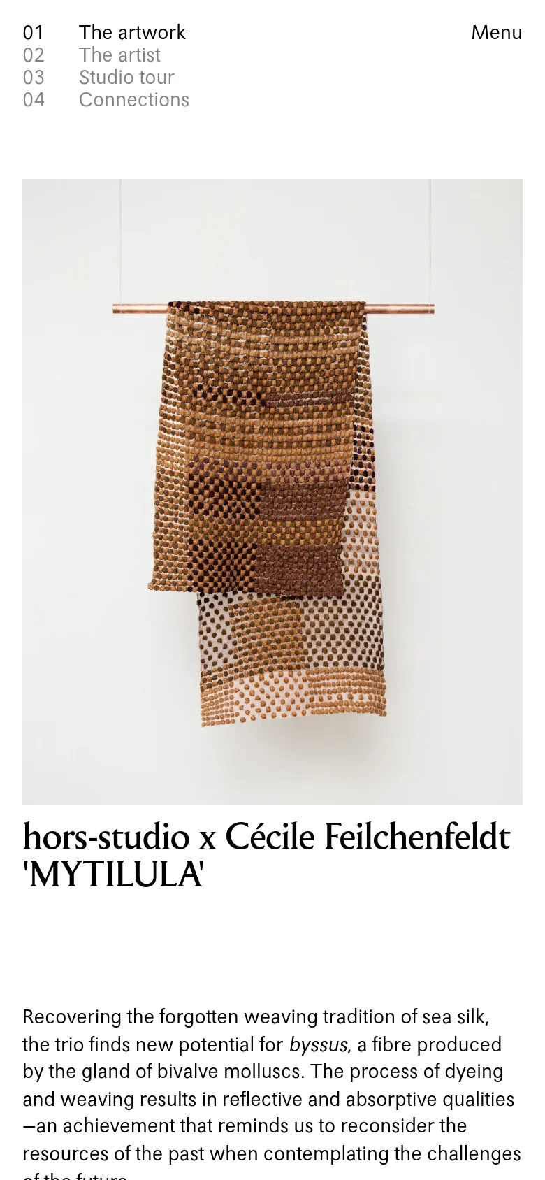 The mobile version presents a single-column vertical layout, starting with a navigation menu at the top containing 'The artwork', 'The artist', 'Studio tour', and 'Connections'. Below the menu, the large hero image of the brown woven textile dominates the screen, followed by the artist's name and a descriptive paragraph about the work's materials and history.