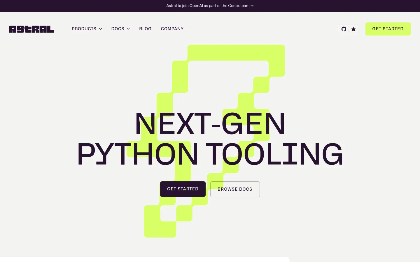 The desktop homepage features a minimalist design with a light gray background and a large, lime-green abstract geometric shape in the center. The headline 'NEXT-GEN PYTHON TOOLING' is displayed in bold, dark purple text over the shape, accompanied by two buttons: a dark purple 'GET STARTED' button and a white 'BROWSE DOCS' button. A top navigation bar includes the Astral logo, links for Products, Docs, Blog, and Company, and a lime-green 'GET STARTED' call to action.