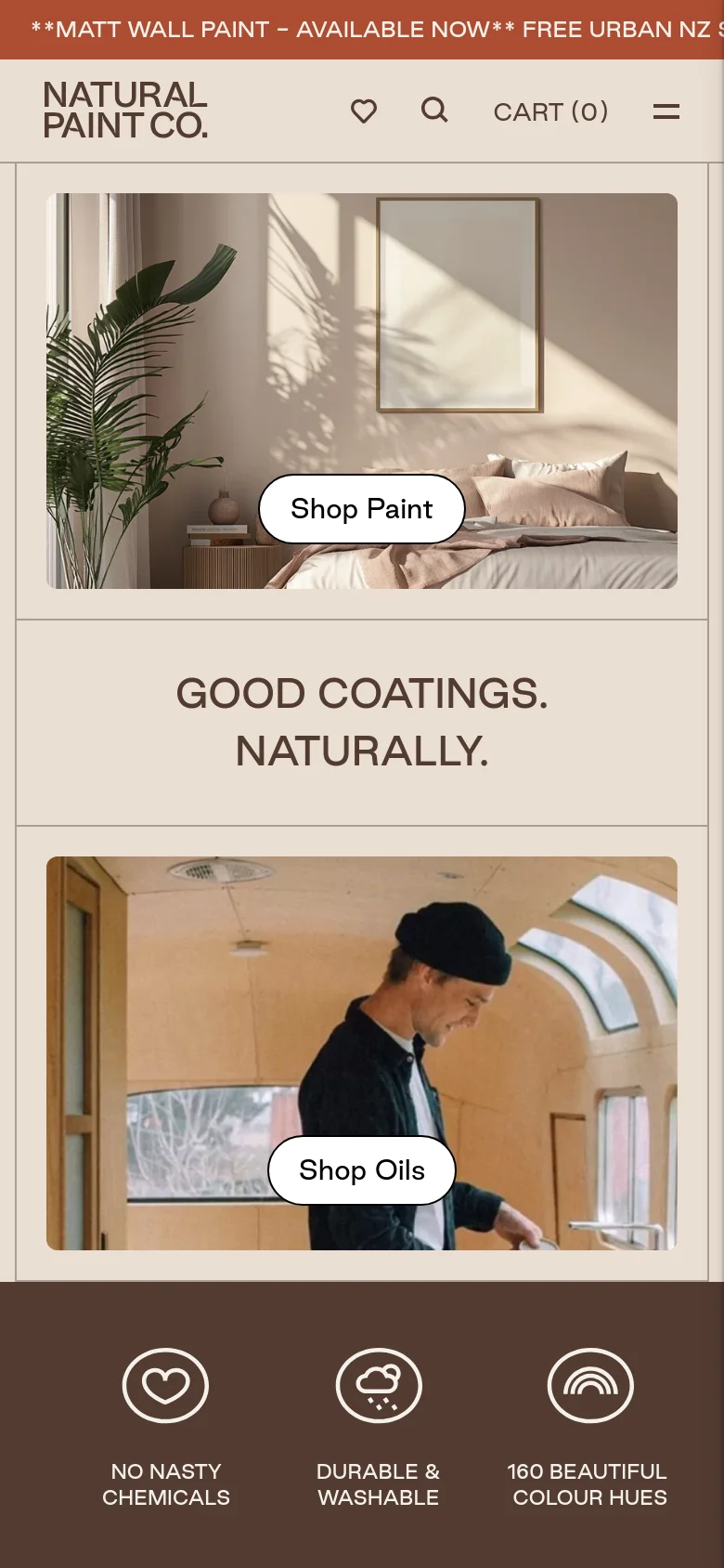 The mobile version uses a single-column vertical layout, stacking the hero images and buttons sequentially. The 'Shop Paint' image appears first, followed by the central headline, and then the 'Shop Oils' image, with a dark brown footer section highlighting key product benefits.