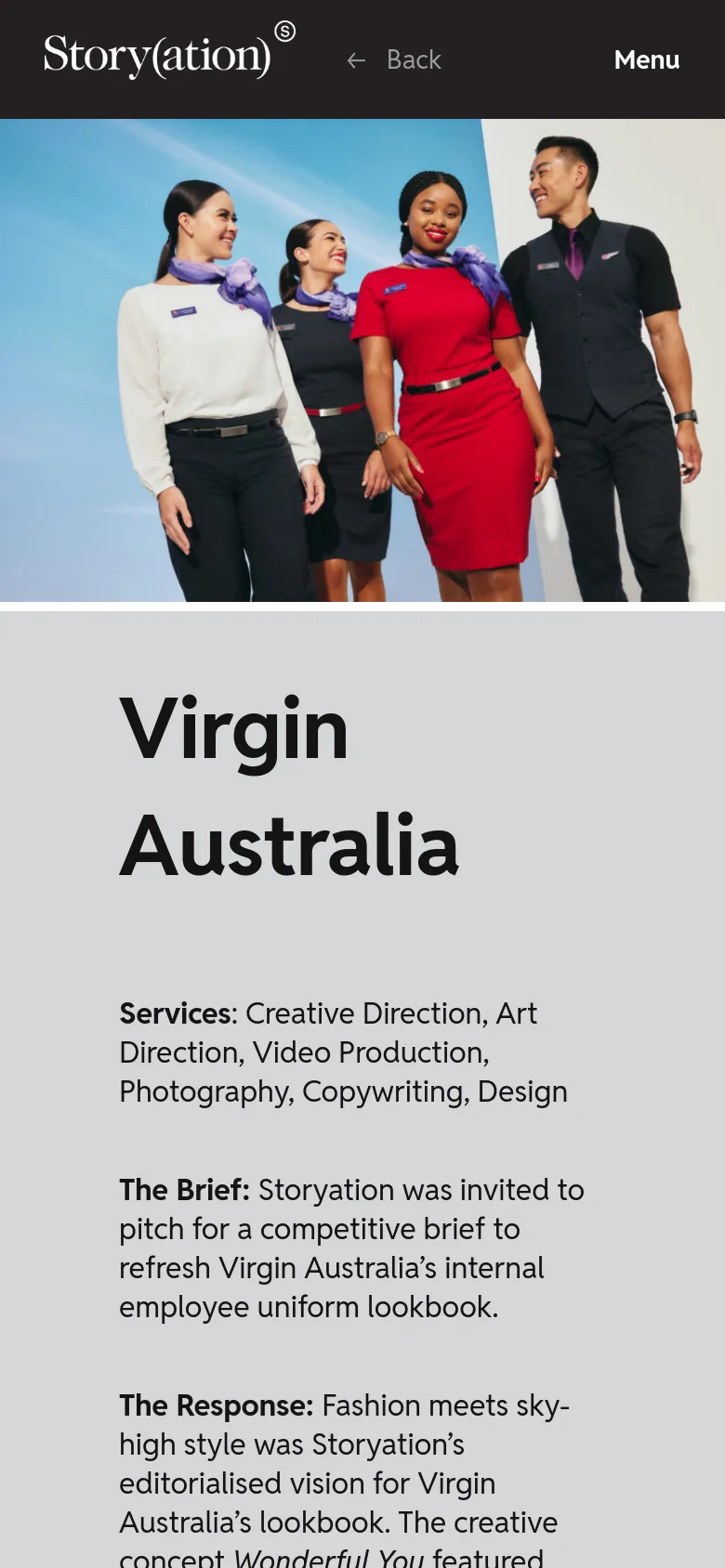 The mobile version uses a dark header with the logo, a 'Back' button, and a 'Menu' toggle. The hero image of smiling airline staff remains prominent, while the content below transitions to a single-column vertical layout with large, easy-to-read typography for the project title and case study text.