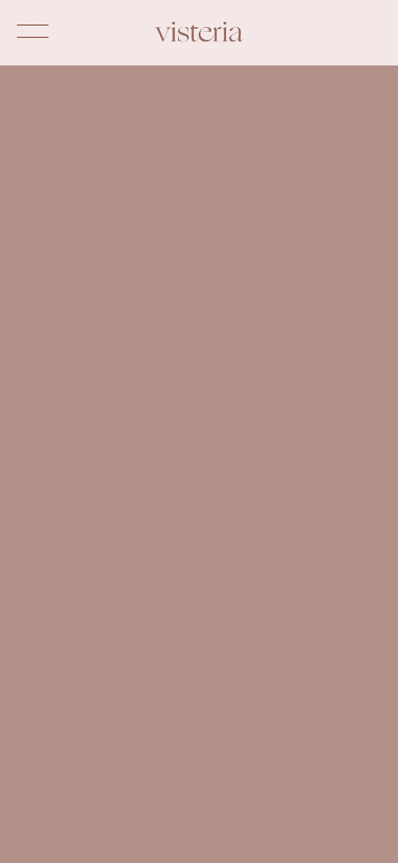 The mobile version simplifies the layout into a single column with a centered logo and a hamburger menu icon on the left. The text and portrait are stacked vertically to fit the narrow screen, maintaining the elegant, minimalist aesthetic and neutral color palette.