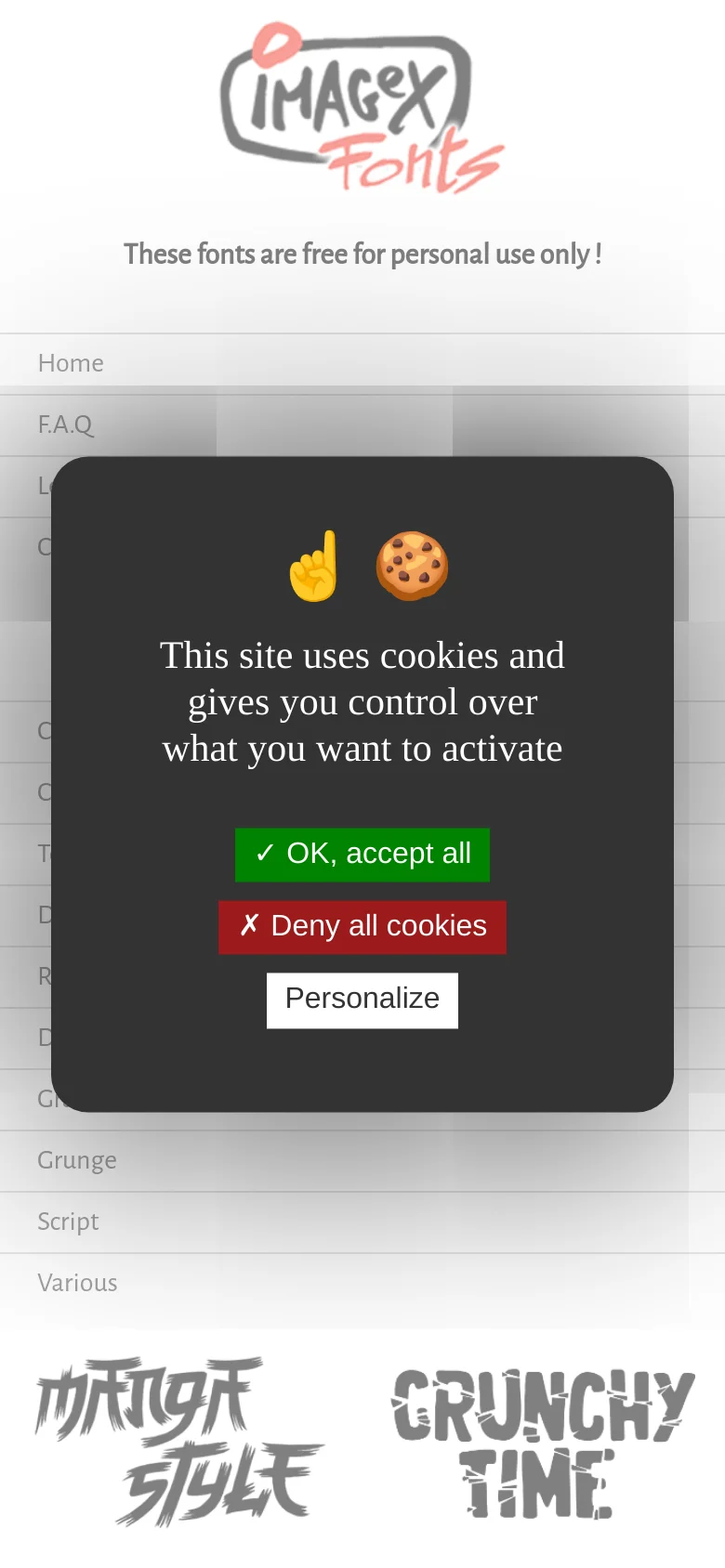 The mobile version uses a single-column vertical layout with the logo and disclaimer centered at the top. Navigation links and font categories are listed vertically, followed by a large grid of font preview images that stack vertically for easier scrolling.