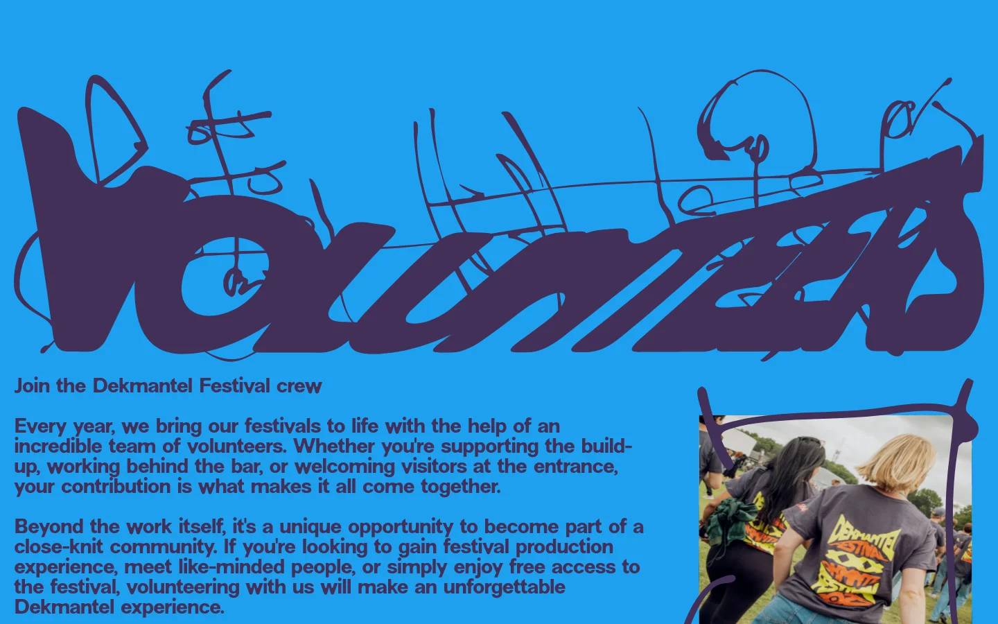 The desktop page features a bright blue background with a large, dark purple stylized 'Volunteers' graphic at the top. Below the header, text describes volunteer roles and rewards, accompanied by a rectangular photo on the right showing people wearing festival merchandise in a grassy field.