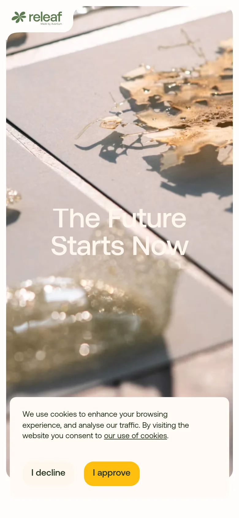 The mobile version presents a vertically oriented hero image of the bio-material samples with the headline 'The Future Starts Now' centered. The layout is simplified for a narrow screen, and the cookie consent banner occupies a larger portion of the bottom view with prominent 'I decline' and 'I approve' buttons.