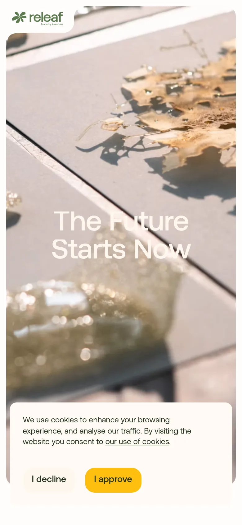 The mobile version presents a vertically oriented hero image of the bio-material samples with the headline 'The Future Starts Now' centered. The layout is simplified for a narrow screen, and the cookie consent banner occupies a larger portion of the bottom view with prominent 'I decline' and 'I approve' buttons.