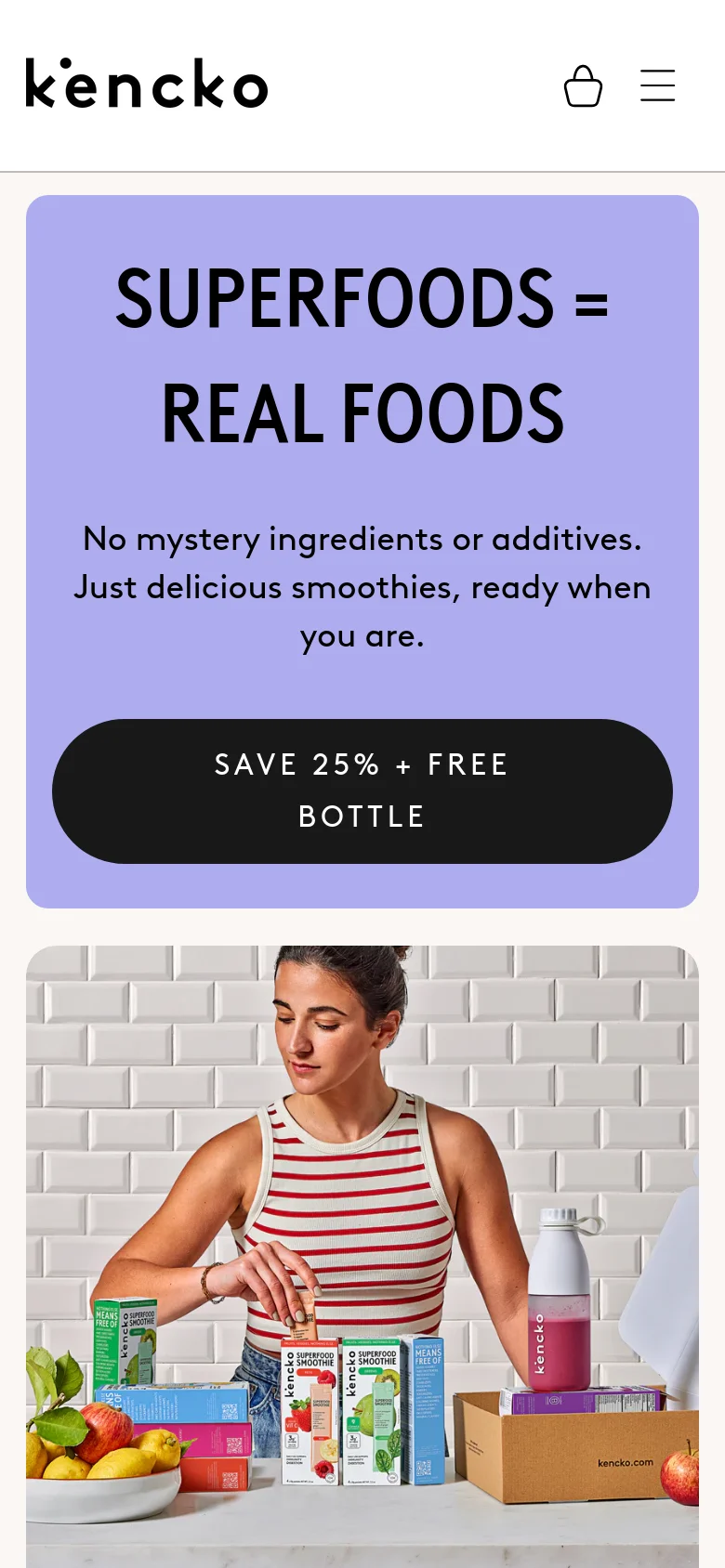 The mobile version uses a stacked layout where the lavender headline and CTA box appear above the lifestyle image of the woman and smoothie products. The navigation is condensed into a hamburger menu and shopping bag icon at the top, providing a vertical scrolling experience.