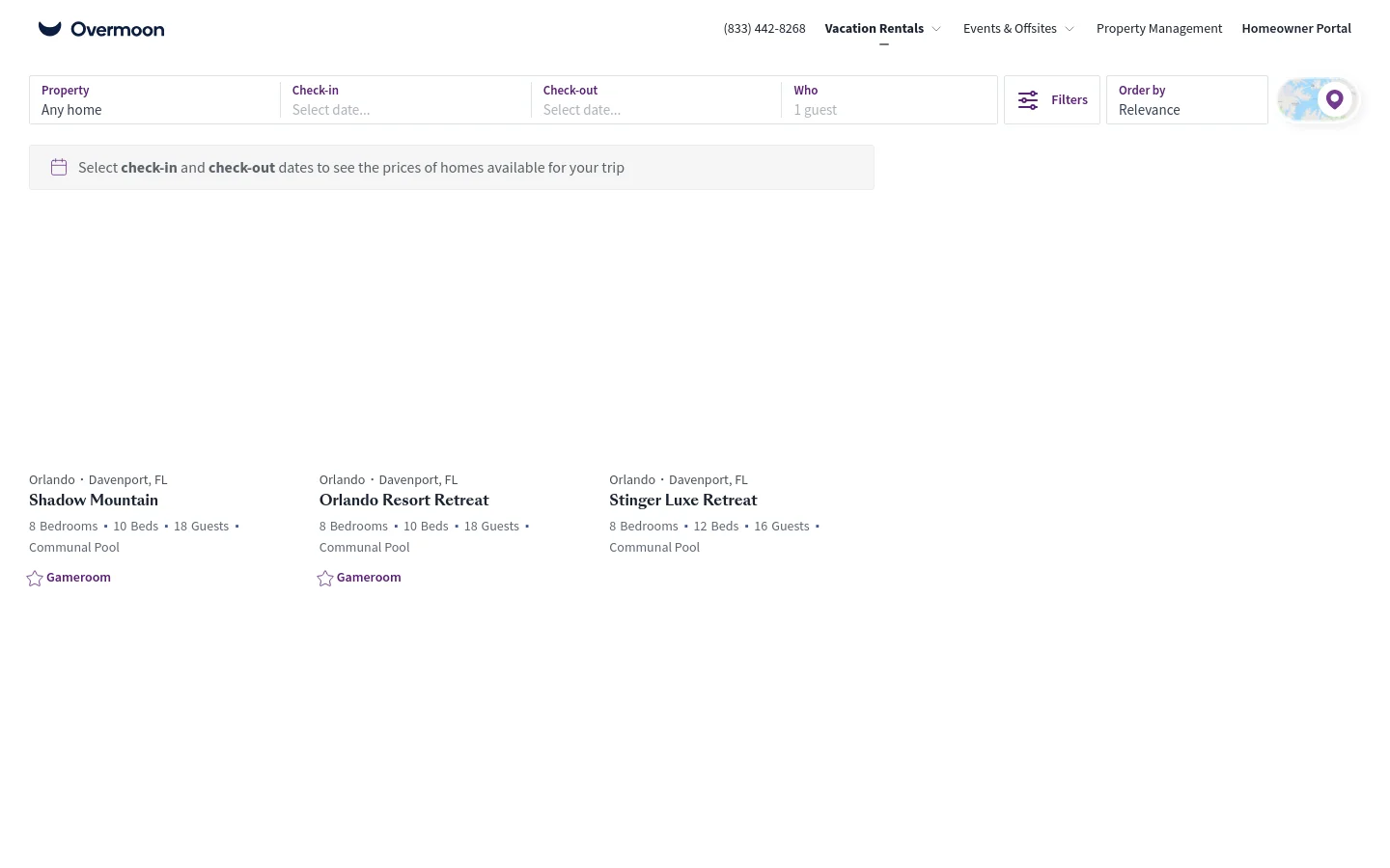 The desktop page features a white header with the Overmoon logo, navigation links, and a phone number. Below, a horizontal search bar allows users to filter by property, check-in/out dates, and guest count, followed by a grid of vacation rental listings showing property photos, titles, and amenities.
