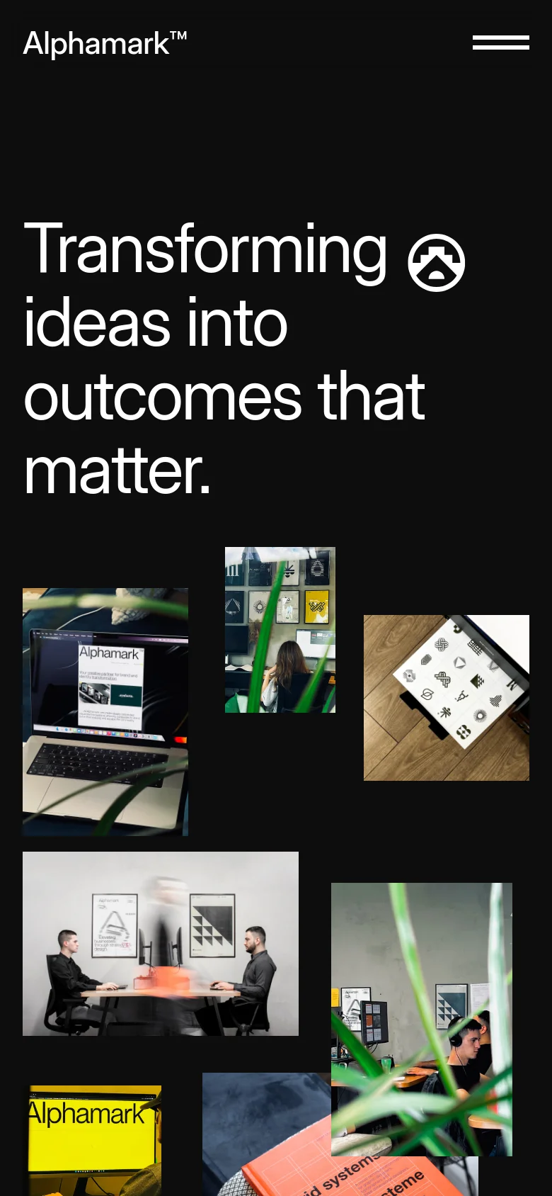 The mobile version maintains the dark theme and large white headline, but the layout is condensed into a single column. The navigation is tucked into a hamburger menu icon at the top right, and the image grid is rearranged into a vertical stack of smaller, overlapping rectangular images.