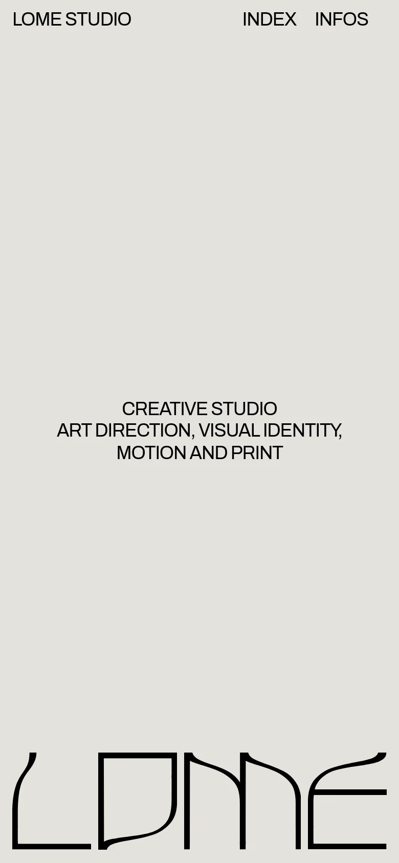 The mobile version maintains the minimalist aesthetic and light grey color palette but uses a vertically stacked layout. The header and service descriptions are centered, and the large 'LOME' logo is scaled to fit the narrower screen width.