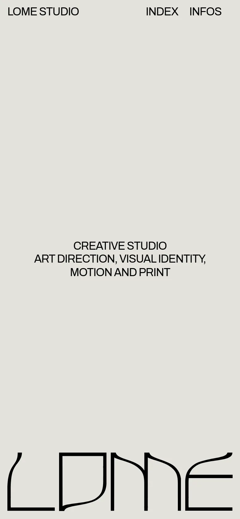 The mobile version maintains the minimalist aesthetic and light grey color palette but uses a vertically stacked layout. The header and service descriptions are centered, and the large 'LOME' logo is scaled to fit the narrower screen width.