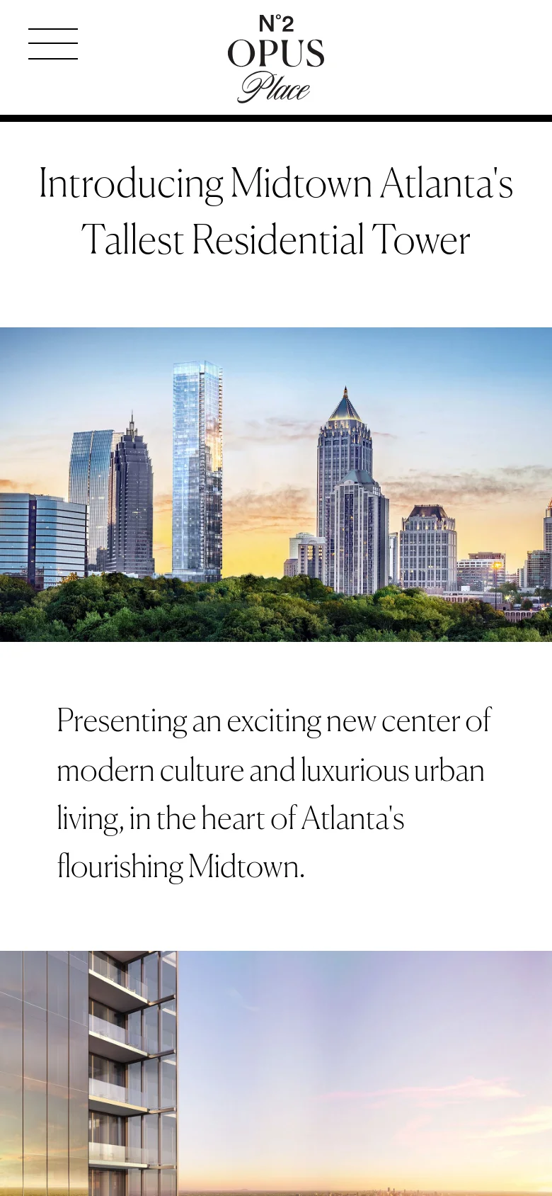 The mobile version uses a simplified layout with a white background and a centered logo at the top. A hamburger menu icon is located on the top left, while the headline 'Introducing Midtown Atlanta's Tallest Residential Tower' spans the width of the screen above a full-width skyline image. The navigation links from the desktop version are hidden within the menu to prioritize the visual imagery.