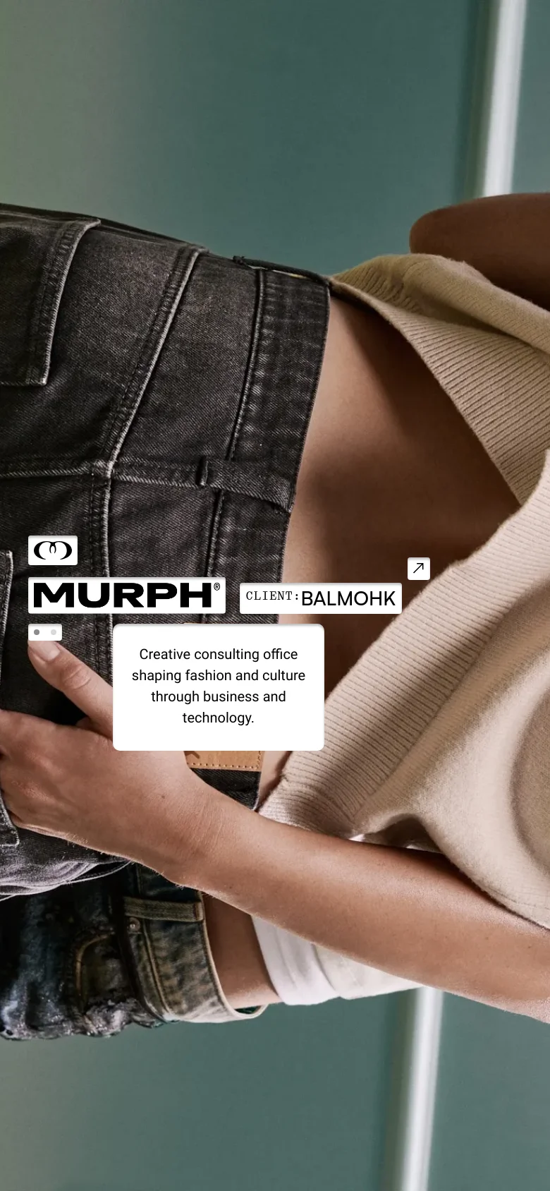 The mobile version maintains the same high-fashion hero imagery and minimalist layout, but the text elements and logo are scaled to fit the vertical aspect ratio. The white description box and client text are repositioned to remain legible over the central subject of the image.