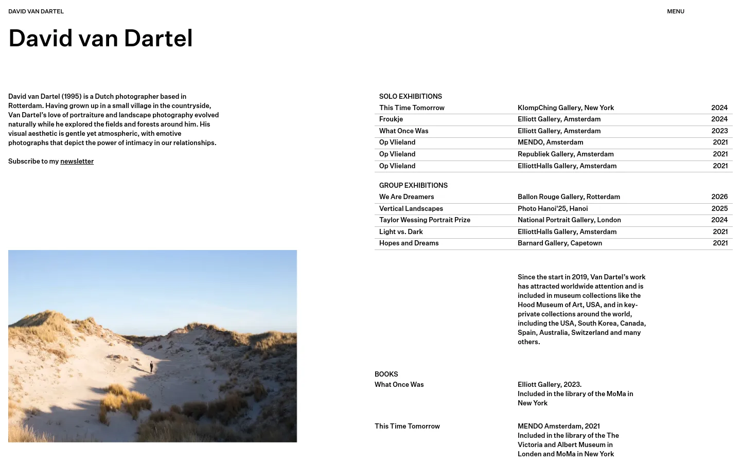 The desktop About page features a minimalist white layout with black text. A large headline 'David van Dartel' sits above a biographical paragraph, followed by a landscape photograph of sand dunes under a blue sky. Below the image, two columns list solo and group exhibitions in a clean, tabular format.
