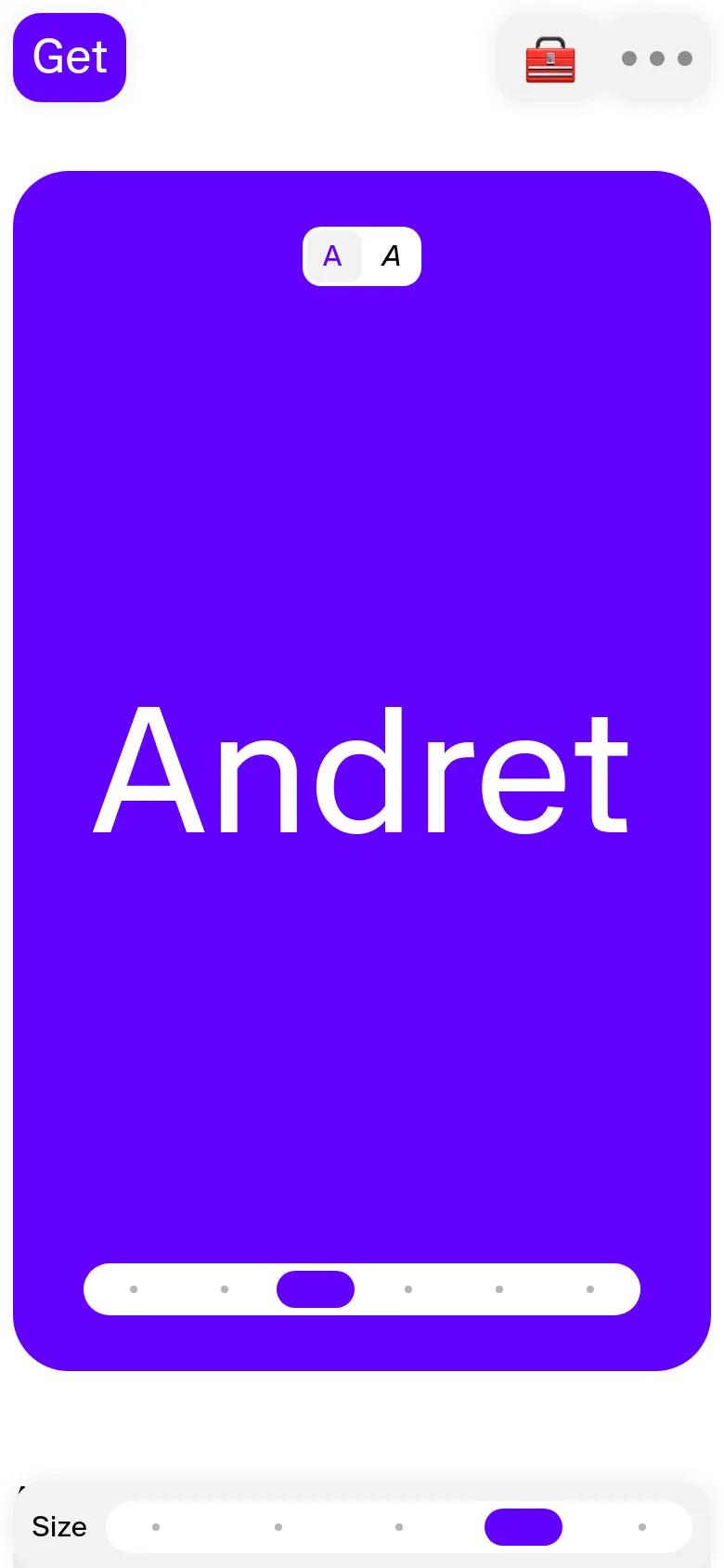 The mobile version displays a vertically oriented purple hero section with 'Andret' centered in large white text. The top navigation is condensed into a briefcase icon and a meatball menu, while the font size slider is positioned at the very bottom of the screen.