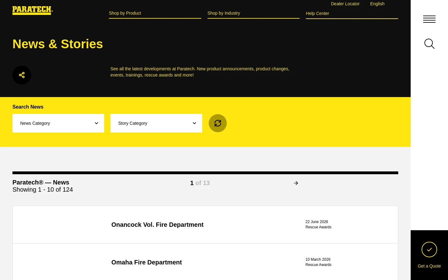 The desktop News page features a dark hero section with the yellow Paratech logo and the headline 'News & Stories' followed by a brief description. Below, a bright yellow search section contains two dropdown menus for 'News Category' and 'Story Category' with a refresh icon. The main content area lists news articles in a clean white list format against a light gray background.