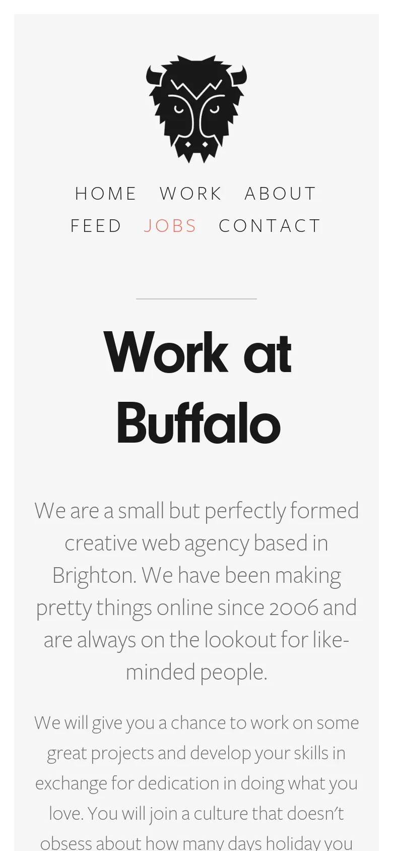 The mobile version presents a vertically stacked layout with the buffalo logo centered at the top. The navigation links are arranged in two rows below the logo, and the 'Work at Buffalo' headline and descriptive text are centered and scaled down to fit the narrower screen width.