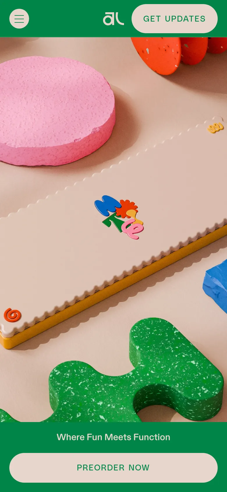 The mobile version displays a vertically oriented close-up of the keyboard and colorful textured shapes, filling most of the screen. The green header is condensed, and the 'PREORDER NOW' call to action is moved to a large, prominent light-grey button at the bottom of the screen below the headline 'Where Fun Meets Function'.