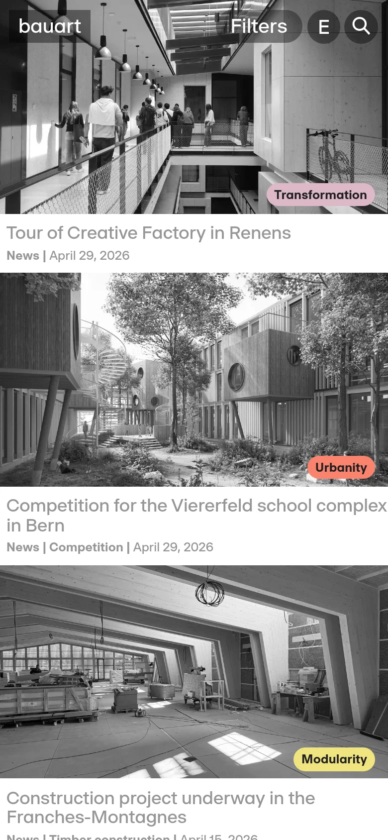The mobile version presents a single-column vertical stack of the large grayscale architectural images and their corresponding headlines. The header is condensed, showing the 'bauart' logo, a 'Filters' button, and a search icon at the top of the screen.