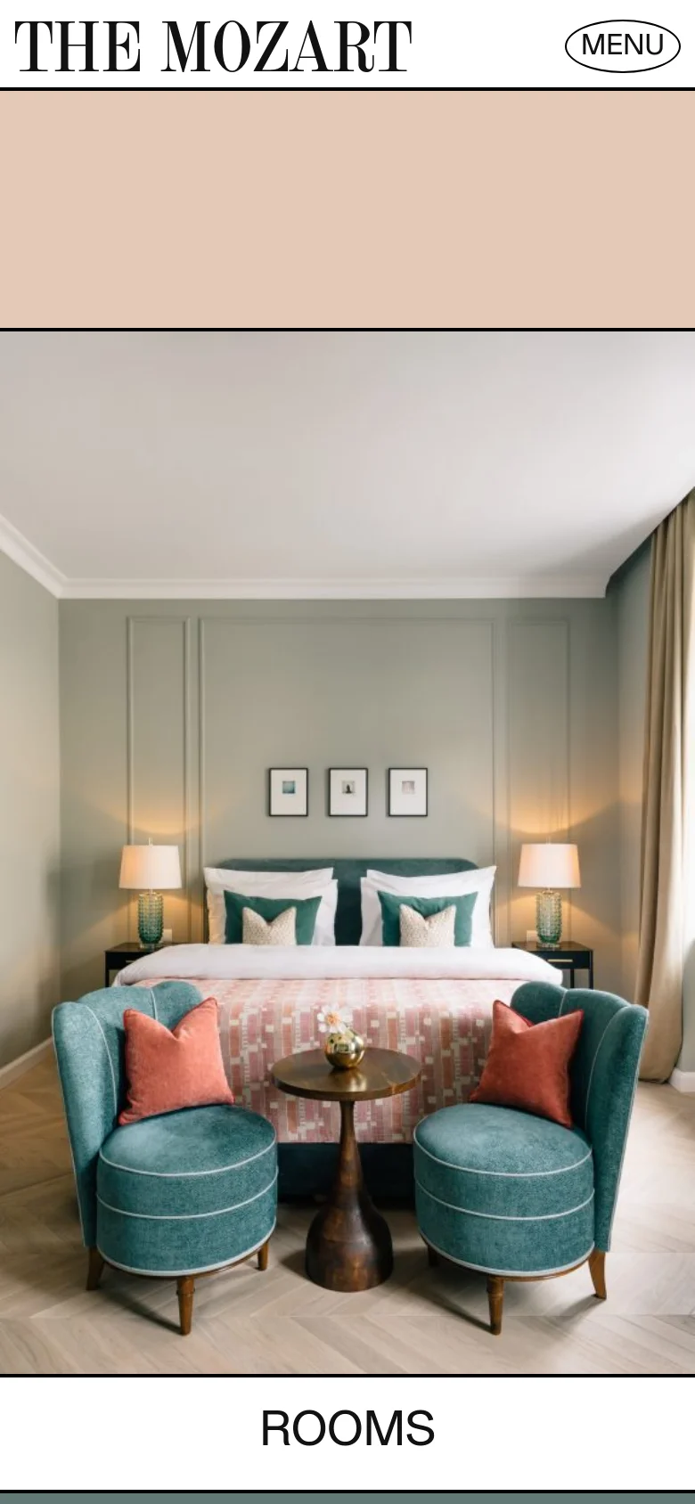 The mobile version simplifies the layout into a single-column vertical scroll, starting with a large, full-width hero image of a hotel room. The header contains the hotel logo and a menu button, while the multi-column desktop grid is replaced by stacked sections for rooms, location, and restaurant.