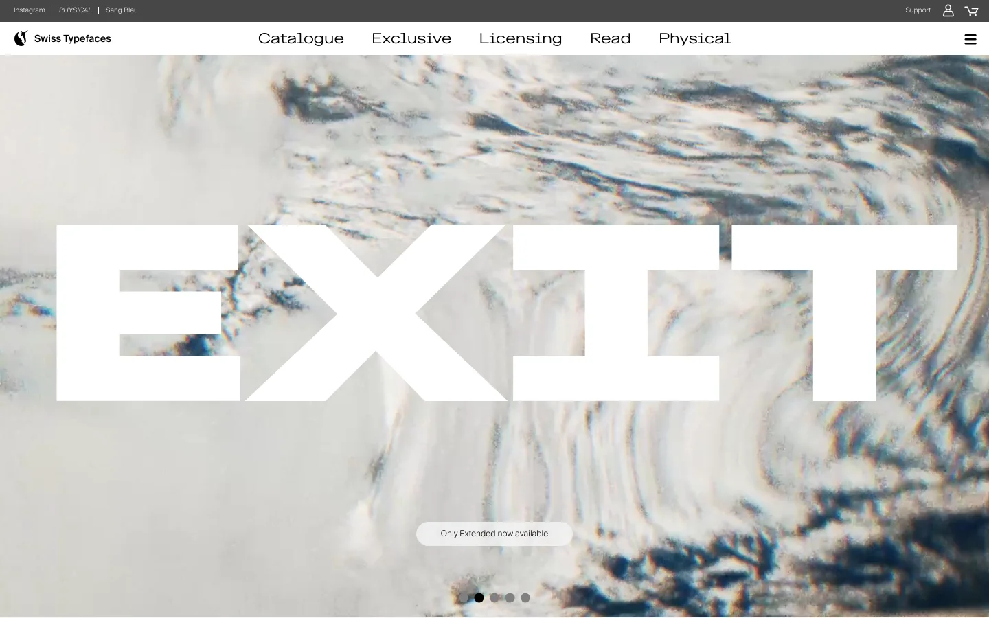 The desktop homepage features a large, bold white headline 'EXIT' overlaid on a high-contrast background of swirling clouds and textures. A minimalist navigation bar at the top includes links for Catalogue, Exclusive, Licensing, Read, and Physical, alongside a support link and user icon. A small pill-shaped button at the bottom center reads 'Only Extended now available'.