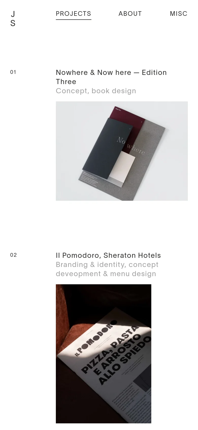 The mobile version maintains the minimalist white aesthetic but uses a simplified vertical layout optimized for scrolling. The navigation menu is condensed, and project entries consist of a number, title, description, and a large full-width image stacked vertically for easy viewing on small screens.