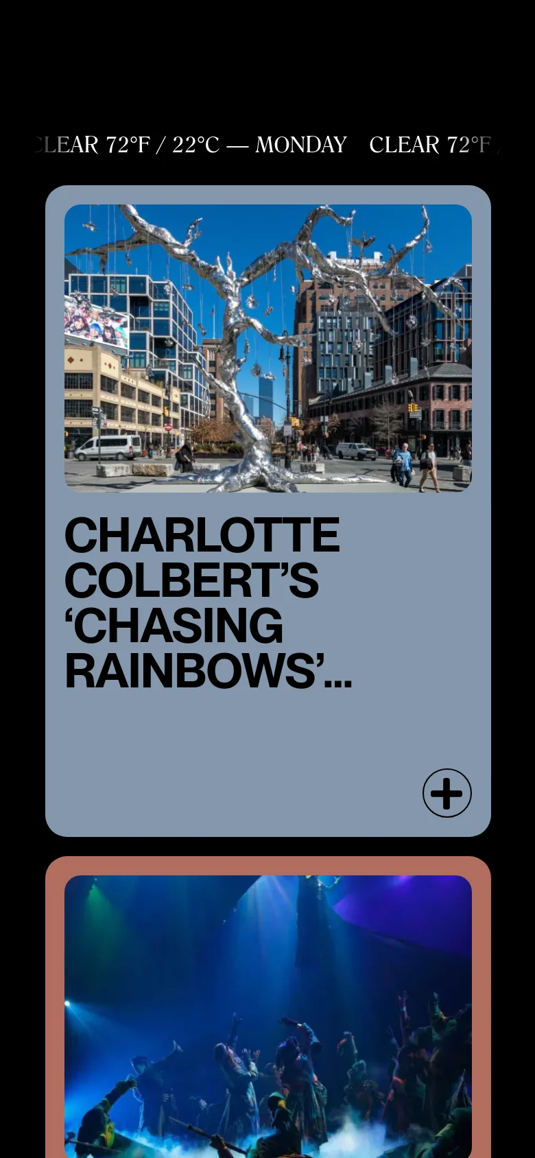 The mobile version presents a vertically stacked layout of the content cards, optimizing the large imagery and bold headlines for a narrow screen. The top navigation is simplified, and the weather information is condensed to fit the mobile viewport.