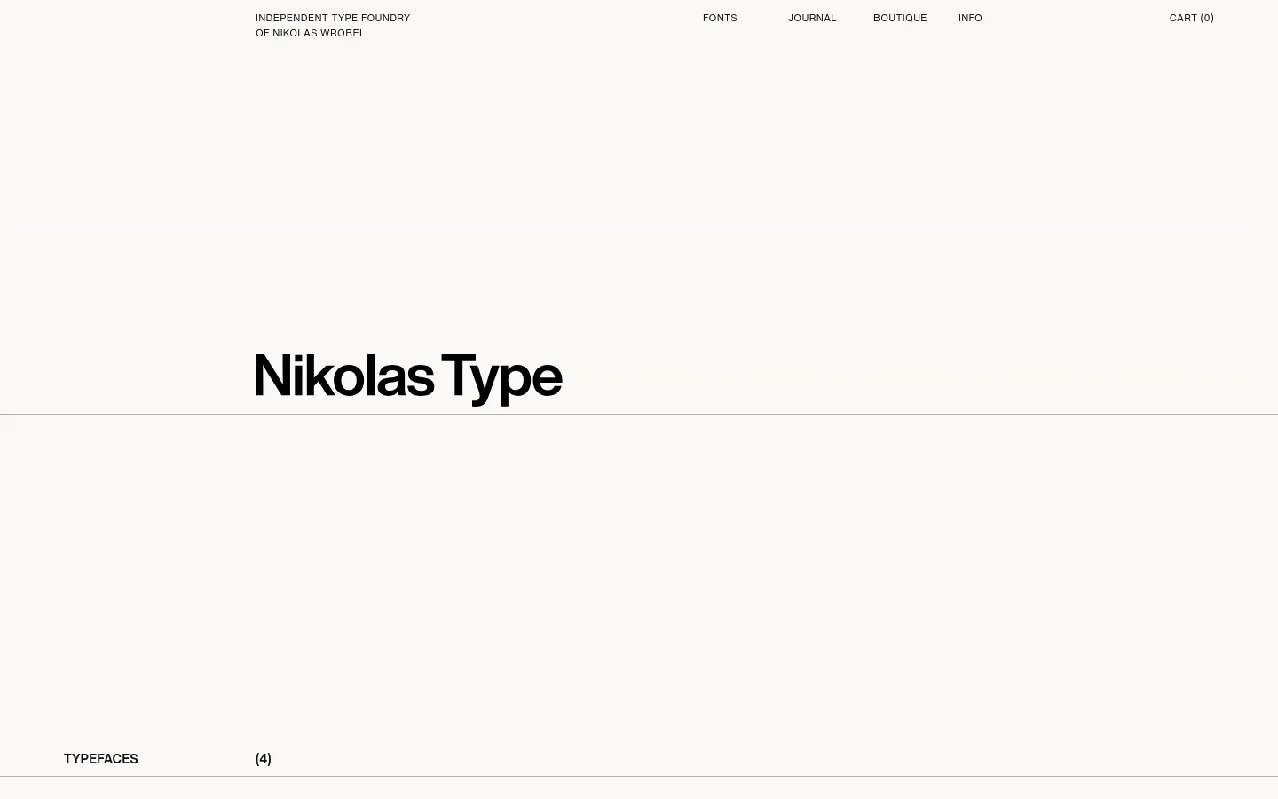 The Nikolas Type homepage features a minimalist, high-contrast design with a white background and bold black typography. A large hero headline reads 'Nikolas Type' above a section showcasing four typefaces: Solare, Grand Slang, Cosi Azure, and Cosi Times, each with descriptive text and 'View / Buy' links. A navigation menu at the top includes links for Fonts, Journal, Boutique, Info, and Cart.