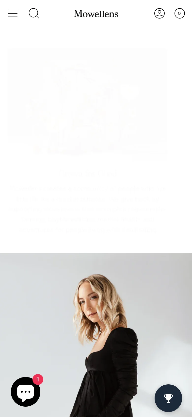 The mobile version presents a vertically stacked layout optimized for small screens, with the hero image and text sections appearing in a single column. The navigation menu is condensed into a hamburger icon, and the chat and rewards buttons remain anchored to the bottom of the viewport.