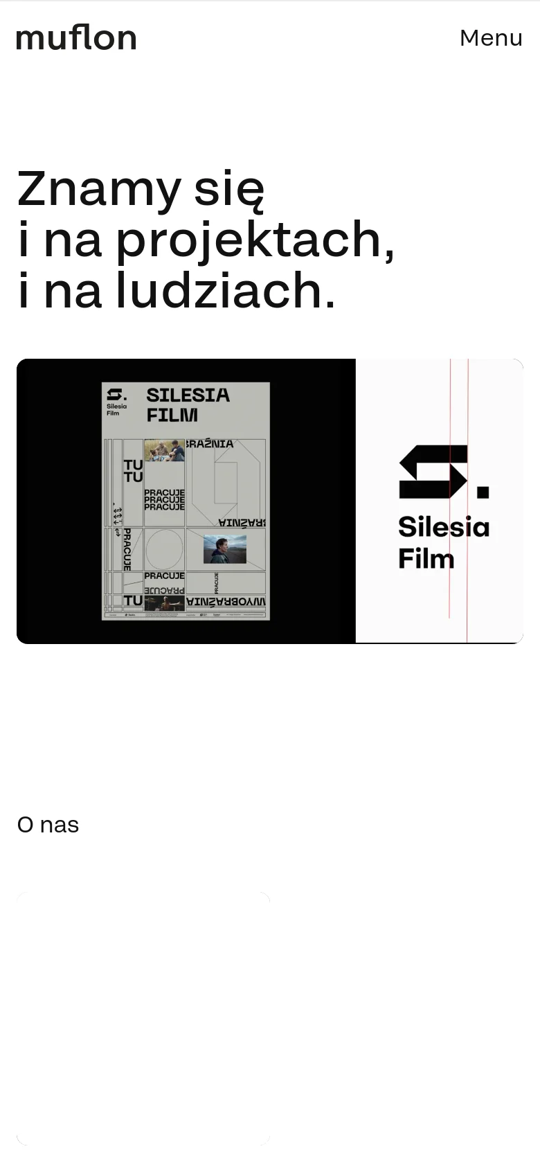 The mobile version presents a simplified vertical layout with a condensed header containing the Muflon logo and a 'Menu' button. The hero headline is prominently stacked, followed by a single large image showcasing the Silesia Film project. The design maintains a clean, high-contrast black and white aesthetic optimized for vertical scrolling.