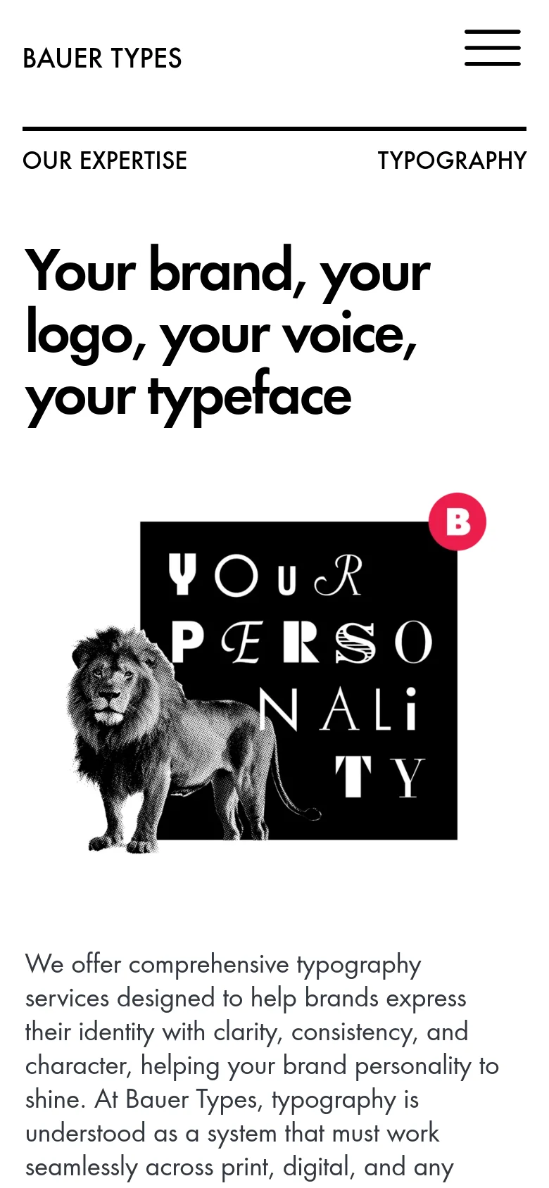 The mobile version uses a single-column layout with the headline stacked vertically at the top. The hero image of the lion and 'YOUR PERSONALITY' text is centered below the headline, and the body text follows underneath in a narrower format for readability.