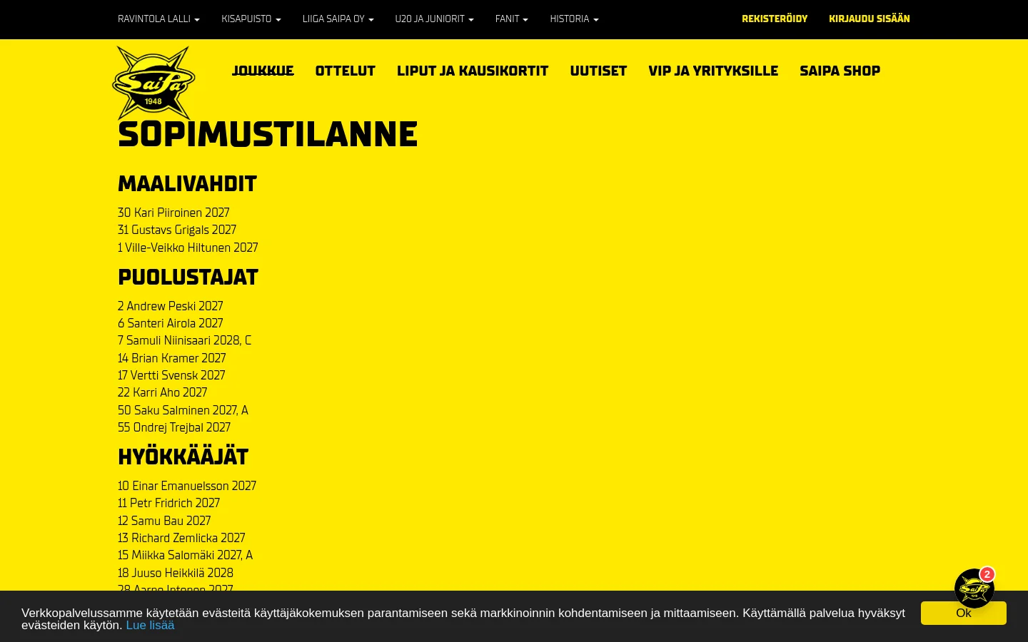 The desktop page features a bright yellow background with black text, displaying the SaiPa logo and a navigation menu at the top. The main content is a large headline 'SOPIMUSTILANNE' followed by categorized lists of players, including Goalkeepers, Defenders, and Forwards, with their numbers and contract years. A dark footer contains a cookie consent banner with a yellow 'Ok' button.
