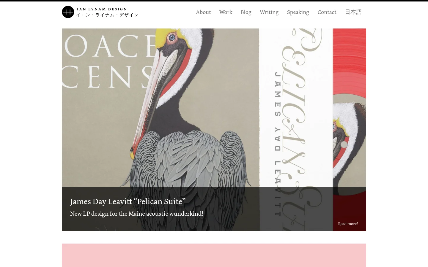 The desktop view shows a clean, minimalist portfolio page with a white header containing the studio logo and navigation links. Large, high-quality project images are stacked vertically, each featuring a dark overlay at the bottom with the project title, a brief description, and a 'Read more!' call to action. The color palette is neutral with vibrant colors provided by the project photography.
