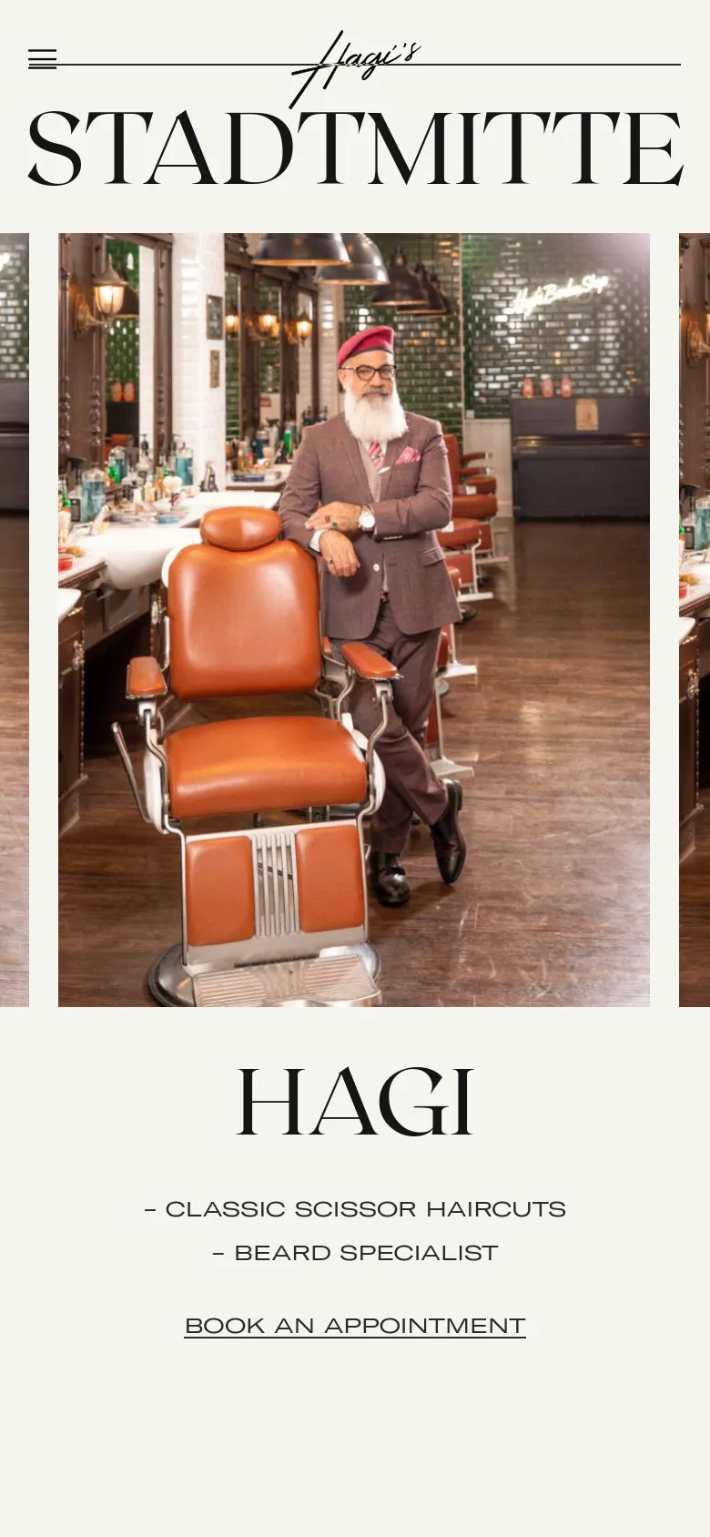 The mobile version presents a vertically stacked layout, beginning with a large hero image of the team. The barber profiles follow in a single-column format, showing one portrait and text description at a time to ensure readability on small screens. The navigation is condensed into a hamburger menu at the top left.