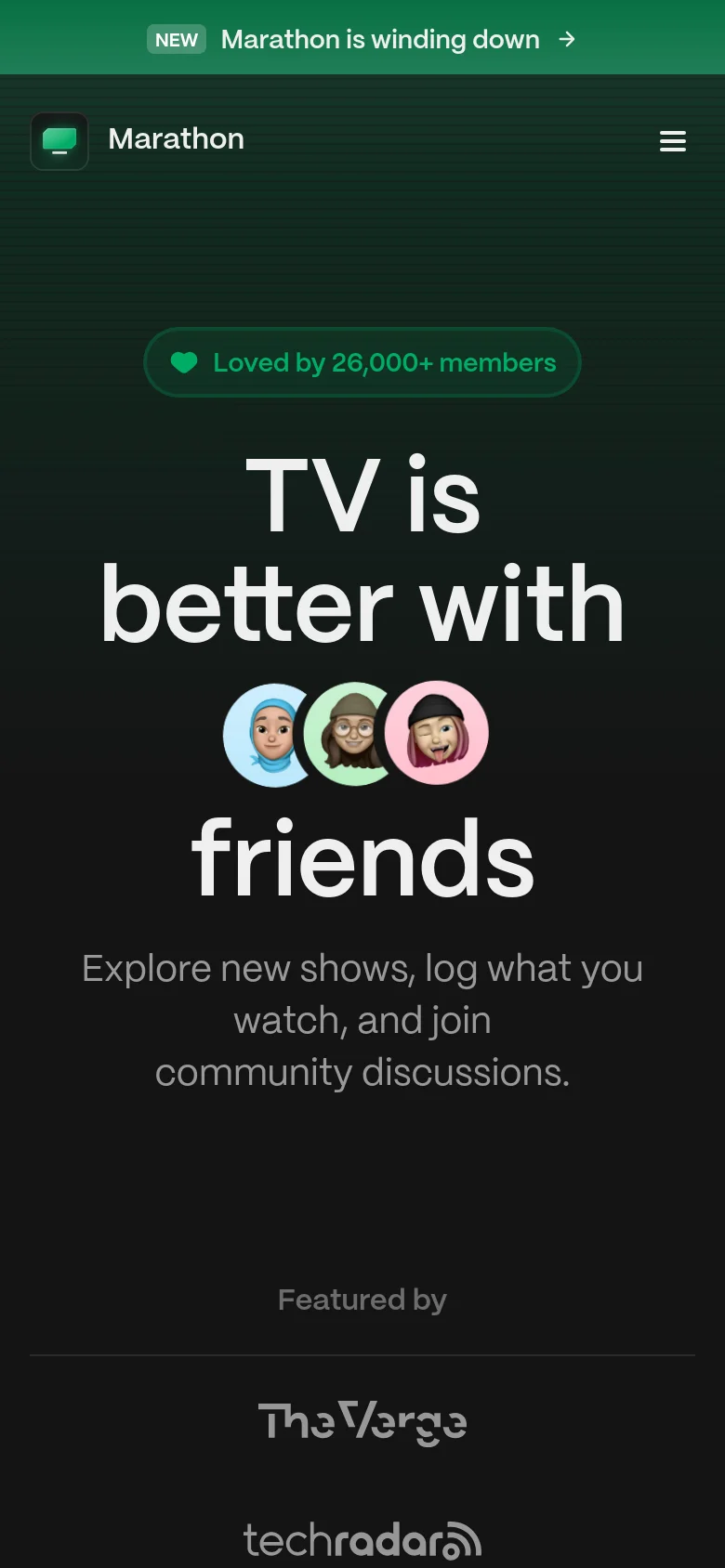 The mobile version maintains the dark green theme and centered layout but uses a condensed vertical stack. The hero text and avatars are scaled down to fit the narrow screen, and the top navigation is replaced by a hamburger menu icon next to the Marathon logo.