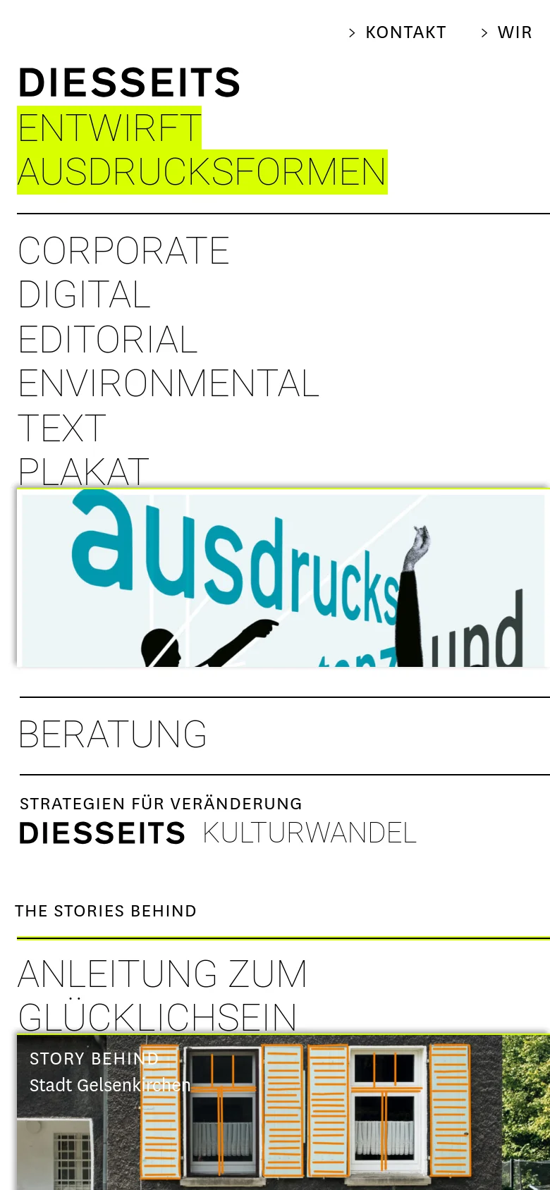 The mobile version maintains the minimalist aesthetic but uses a vertical stack layout to accommodate the narrow screen. The lime green highlighted headline is split into two lines, and the service list and project images are scaled to fit the width of the device, ensuring readability of the large typography.