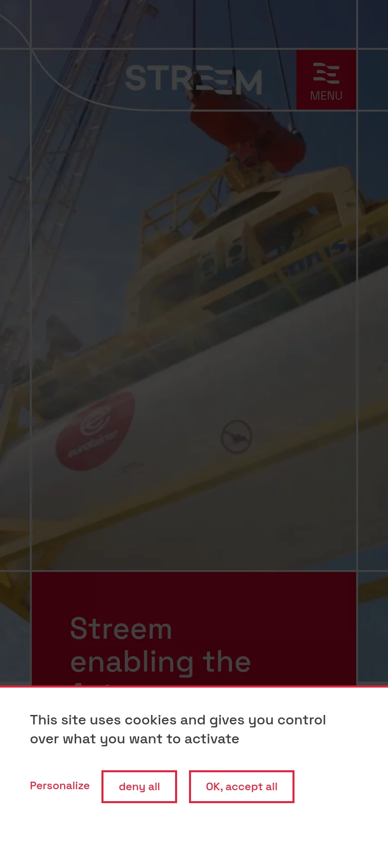The mobile version presents a vertically stacked layout with the hero image of the tank container and red headline box scaled to the width of the screen. The navigation menu is condensed into a prominent red 'MENU' button with a hamburger icon. The statistical snapshot section transitions from a multi-column grid to a single-column list of icons and numbers.
