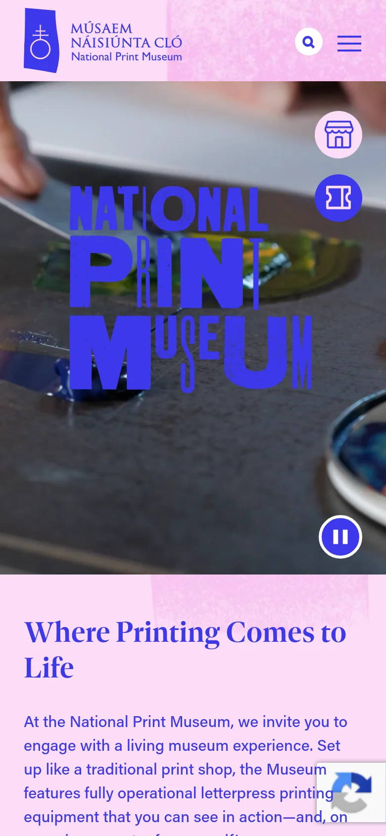 The mobile version presents a simplified layout with the museum logo and a hamburger menu icon at the top. The hero image of the printing process remains prominent with large blue text, and the primary call-to-action buttons are replaced by floating circular icons for the shop and tours.