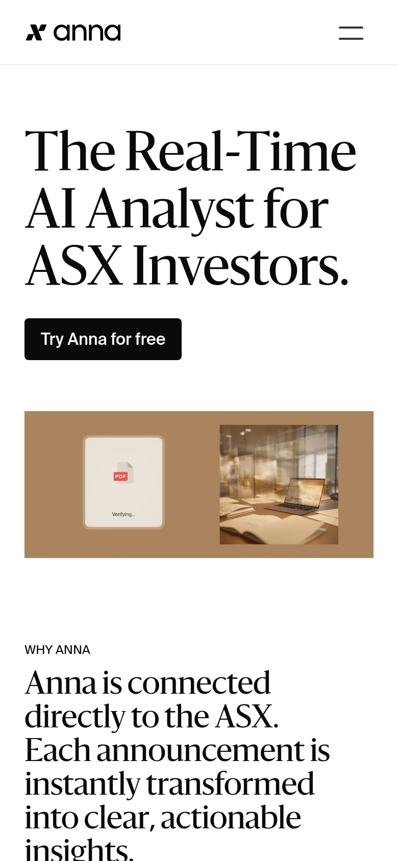The mobile version uses a vertical stack layout with the large serif headline at the top, followed immediately by the 'Try Anna for free' call-to-action button. Below the button is a hero image showing a document being verified, and the 'WHY ANNA' section begins with text explaining the ASX connection. The desktop navigation is replaced by a hamburger menu icon in the top right.
