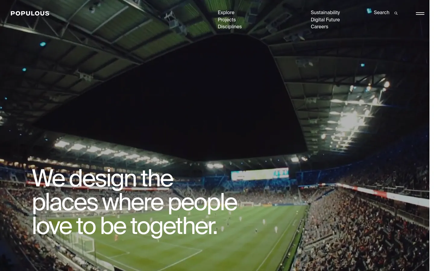 The desktop homepage features a large, full-width hero image of a brightly lit stadium at night with the headline 'We design the places where people love to be together.' The Populous logo is in the top left, with navigation links like Explore, Projects, and Sustainability spread across the top, and a search icon on the right. A dark overlay makes the white text stand out against the stadium background.