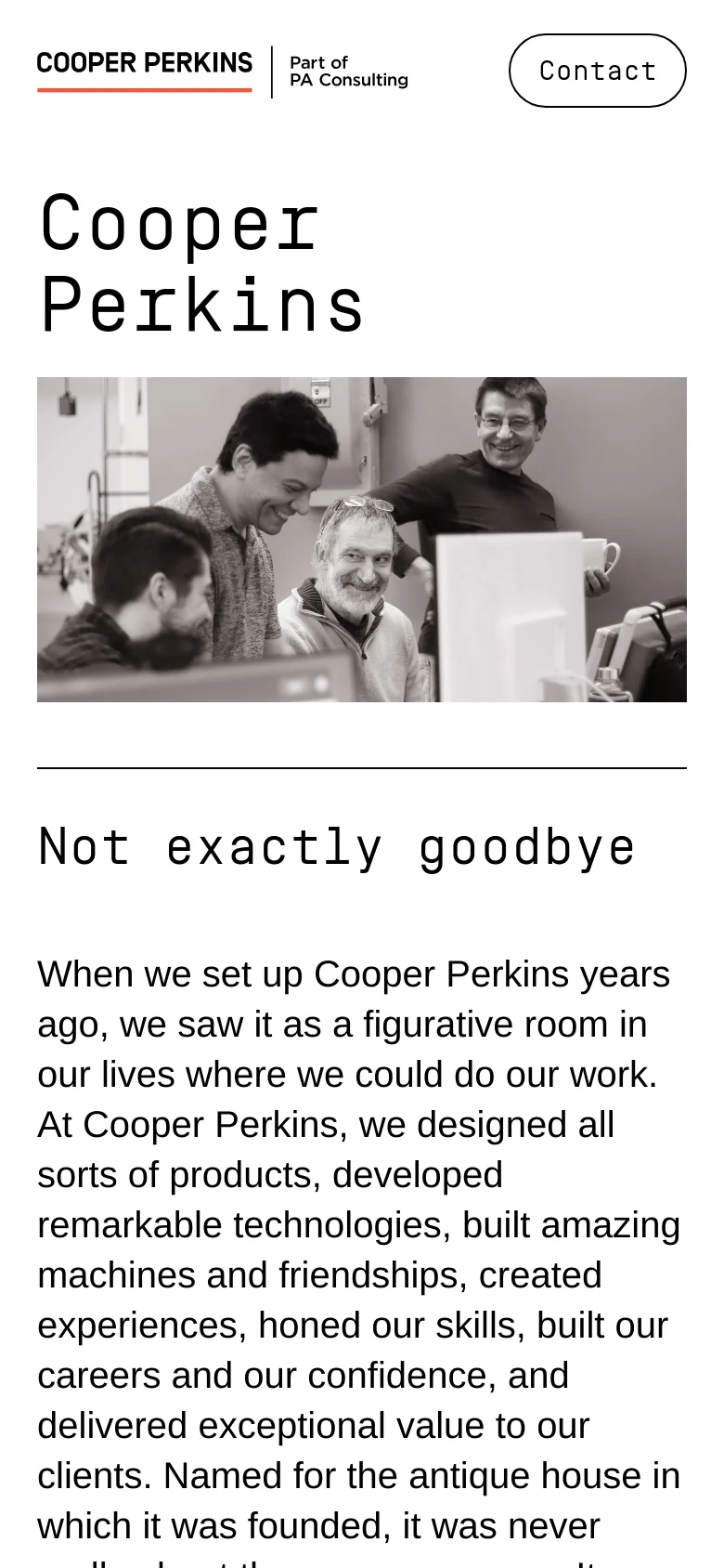 The mobile version simplifies the layout, removing the 'Careers' link and centering the 'Contact' button in the header. The large 'Cooper Perkins' headline and black-and-white office hero image are stacked vertically above a section of body text titled 'Not exactly goodbye'.