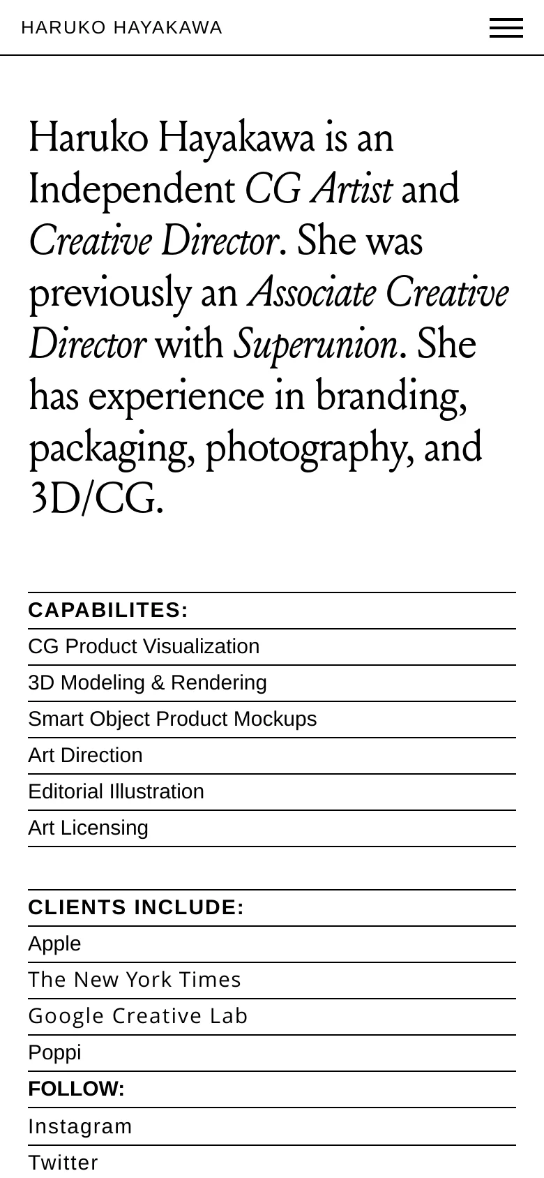 Mobile version of the homepage with a simplified vertical layout. The header contains the name and a hamburger menu icon, followed by the large serif bio text. Capabilities, clients, and social links are stacked vertically in a single column below the bio.